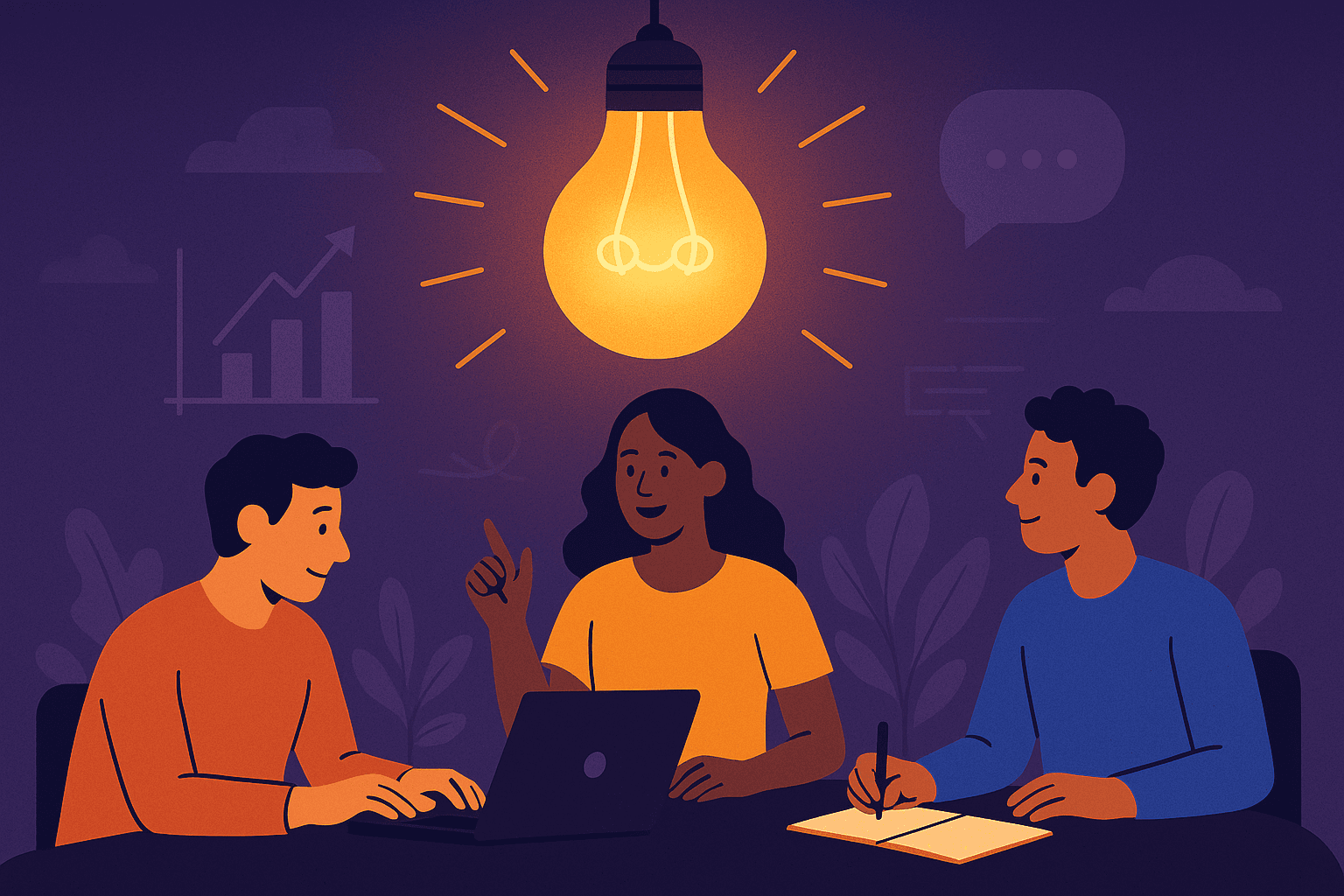 Three people brainstorming under a glowing lightbulb, symbolizing innovation and teamwork at the start of Byteink.
